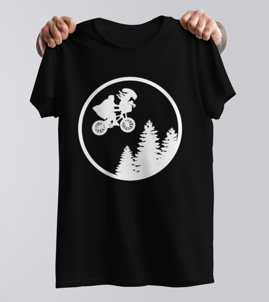 Alien On Bicycle With Trees In Circle Flying Scene 2026 T-Shirt