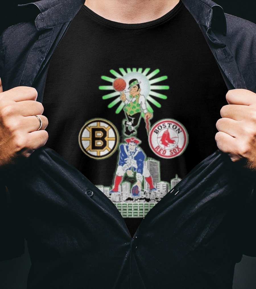 Boston Celtics Red Sox Bruins Skyline Triple Team Sports Boston T-Shirt