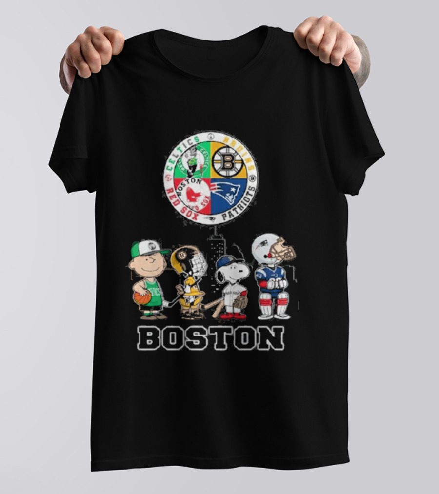 Boston Celtics Bruins Red Sox Patriots Cartoon Characters Skyline Sports T-Shirt