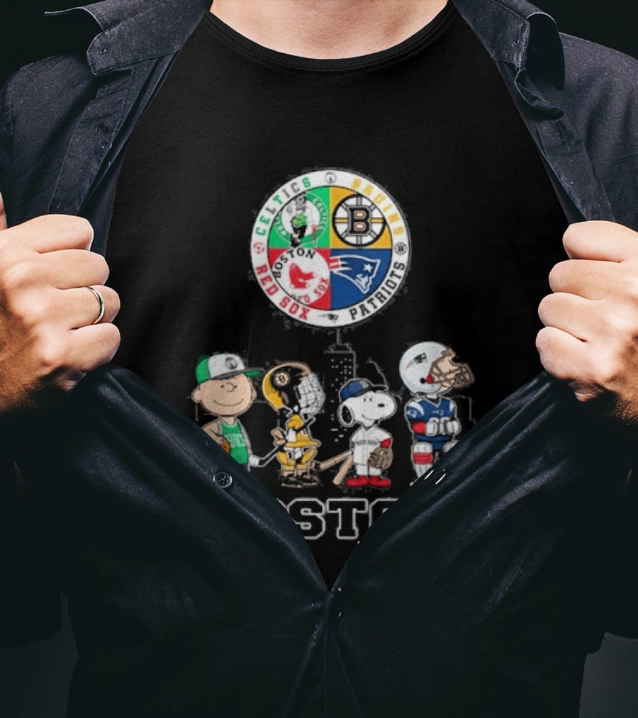 Boston Celtics Bruins Red Sox Patriots Cartoon Characters Skyline Sports T-Shirt