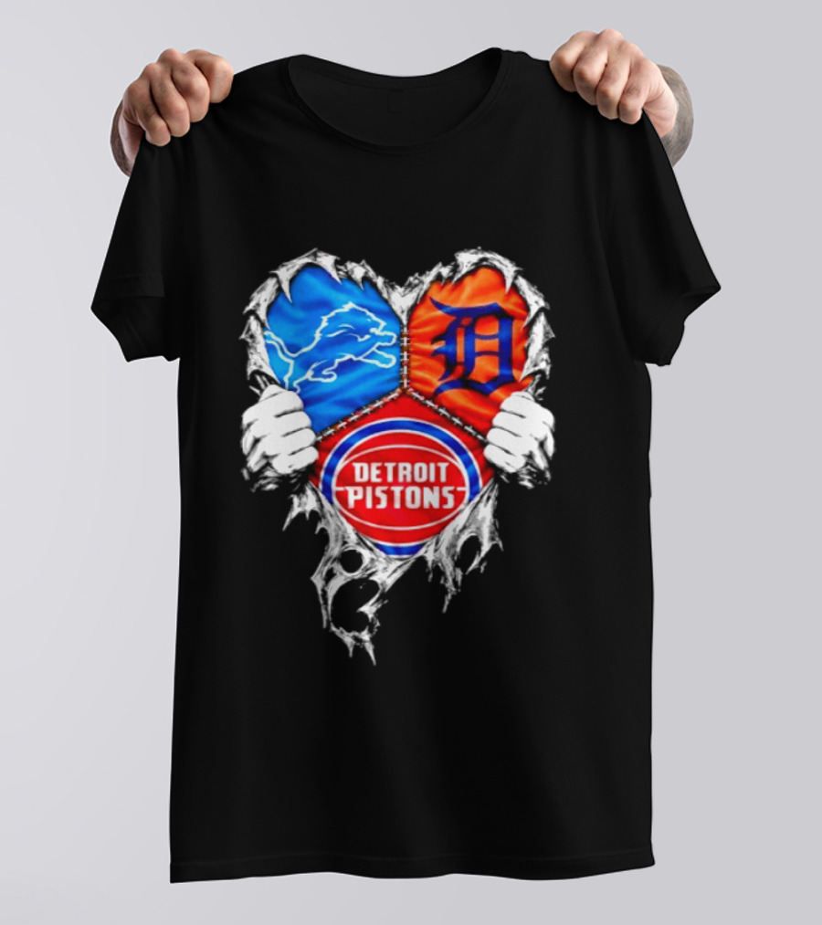 Detroit Lions Tigers Pistons Heart Scratch Mashup T-Shirt