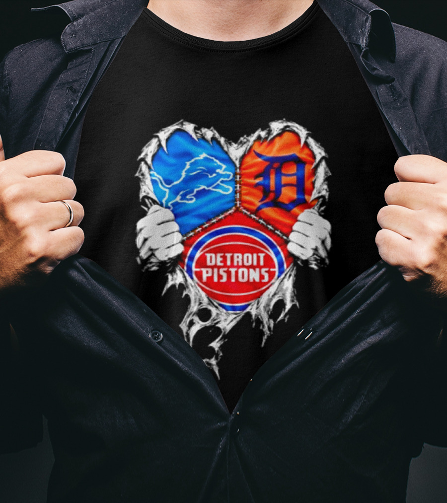 Detroit Lions Tigers Pistons Heart Scratch Mashup T-Shirt