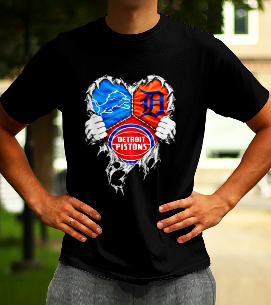Detroit Lions Tigers Pistons Heart Scratch Mashup T-Shirt