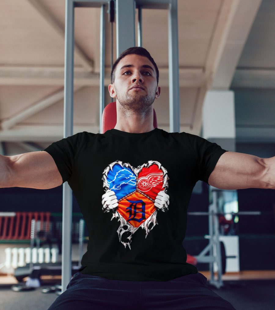 Detroit Lions Red Wings Tigers Heart Scratch Mashup T-Shirt
