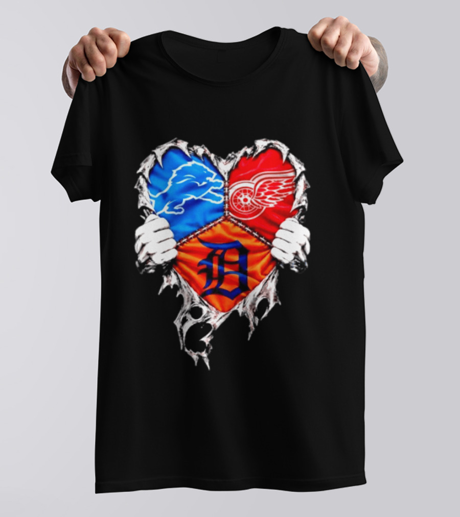 Detroit Lions Red Wings Tigers Heart Scratch Mashup T-Shirt