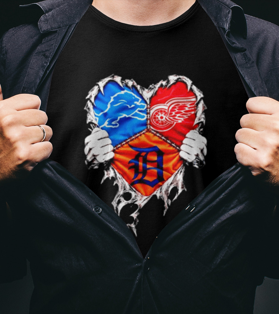 Detroit Lions Red Wings Tigers Heart Scratch Mashup T-Shirt
