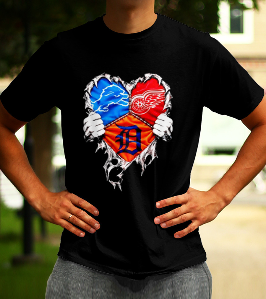 Detroit Lions Red Wings Tigers Heart Scratch Mashup T-Shirt