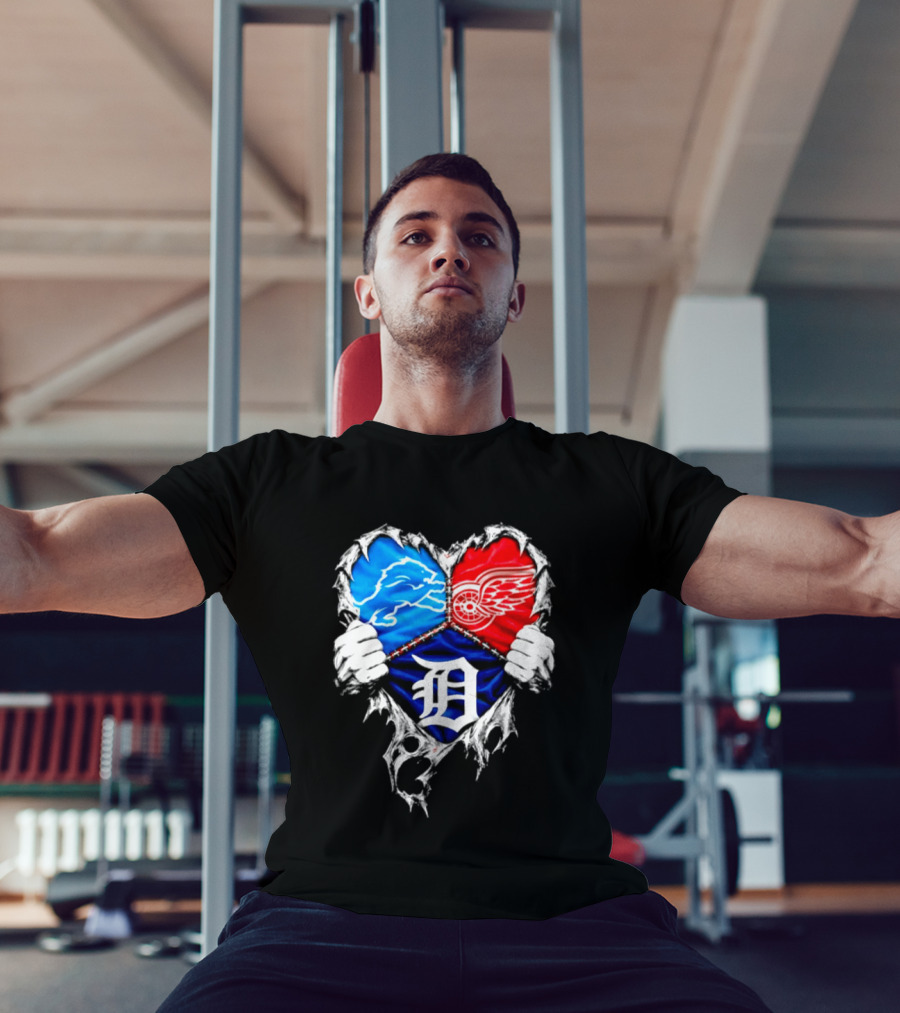 Detroit Lions Red Wings Tigers Heart Scratch Mashup T-Shirt