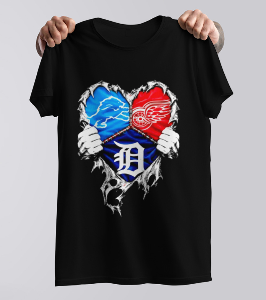 Detroit Lions Red Wings Tigers Heart Scratch Mashup T-Shirt