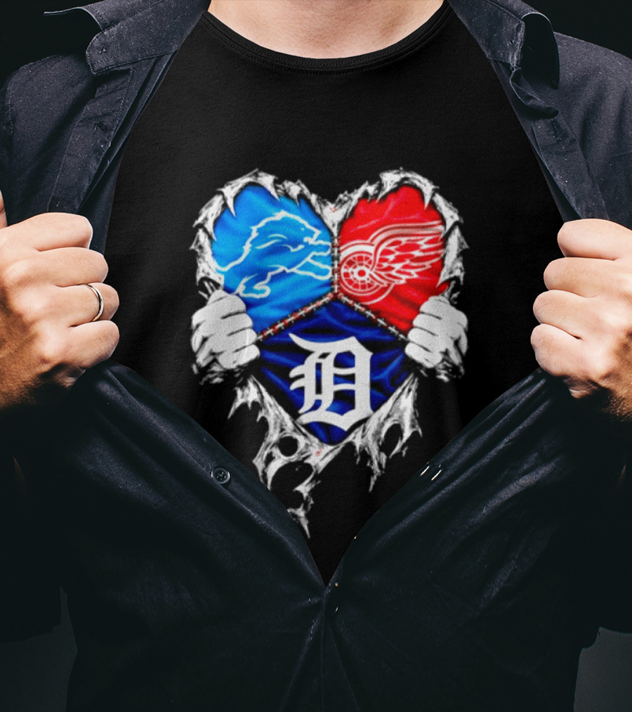 Detroit Lions Red Wings Tigers Heart Scratch Mashup T-Shirt