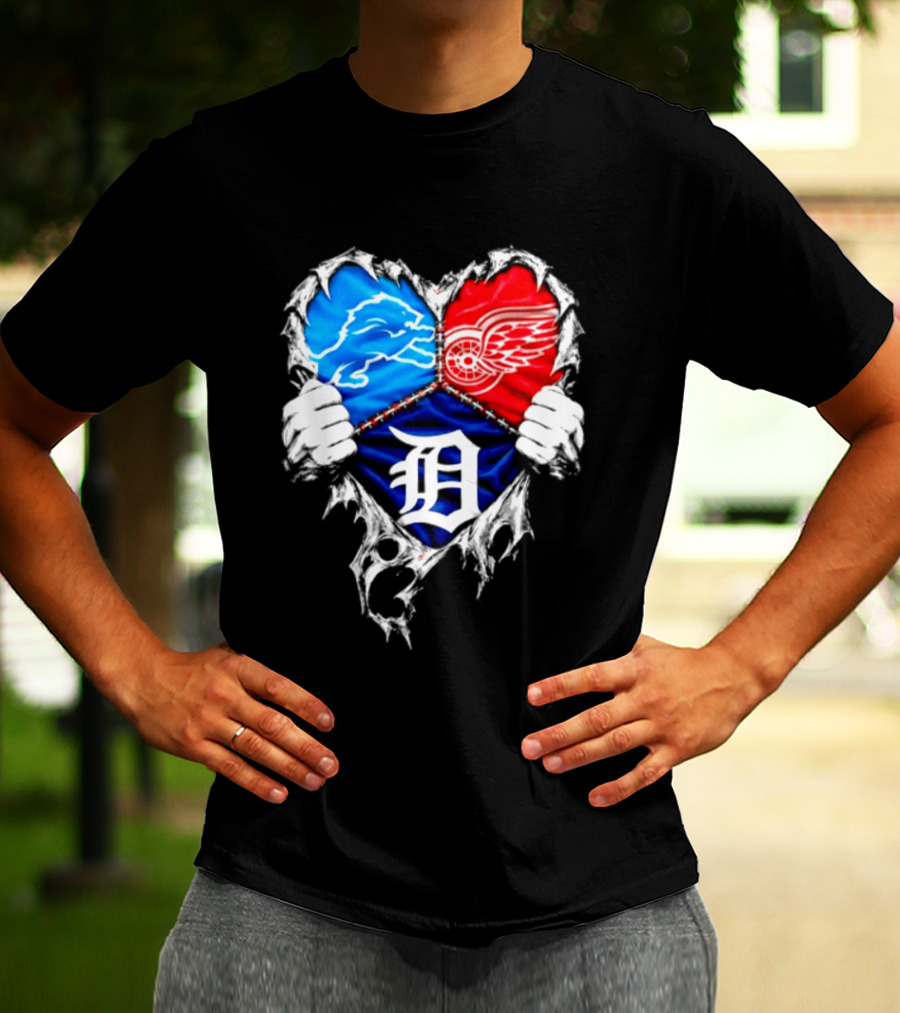 Detroit Lions Red Wings Tigers Heart Scratch Mashup T-Shirt