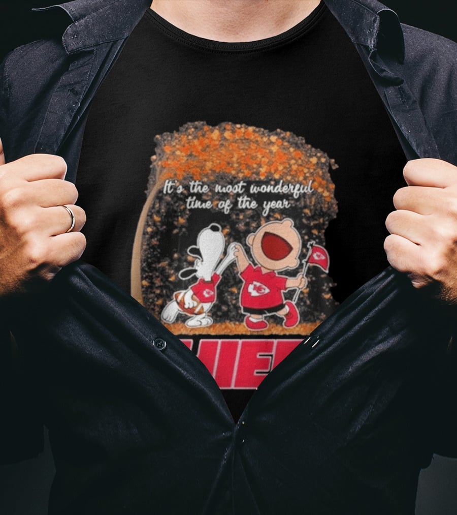 Kansas City Chiefs Snoopy Charlie Brown Dancing It's The Most Wonderful Time Of The Year T-Shirt
