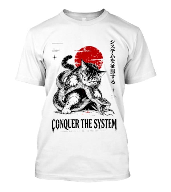 Cat Conquer The System Discipline Creates Freedom Japanese Style Red Sun T-Shirt