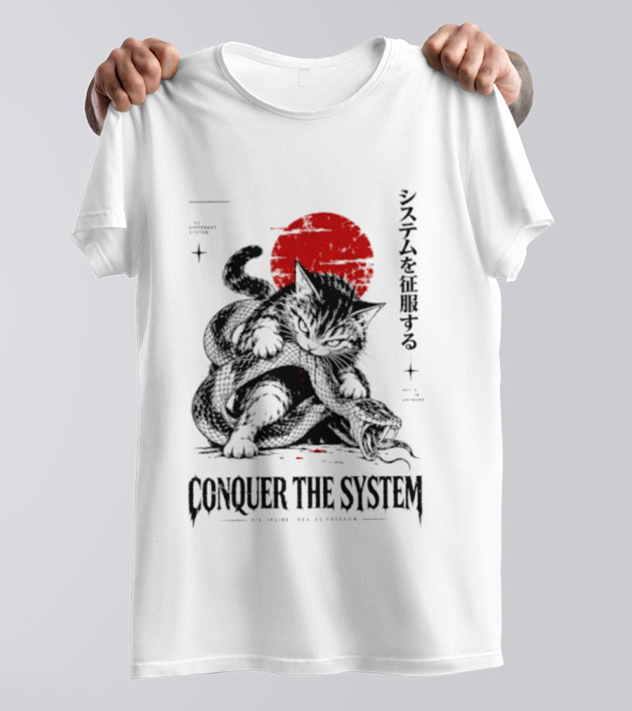 Cat Conquer The System Discipline Creates Freedom Japanese Style Red Sun T-Shirt