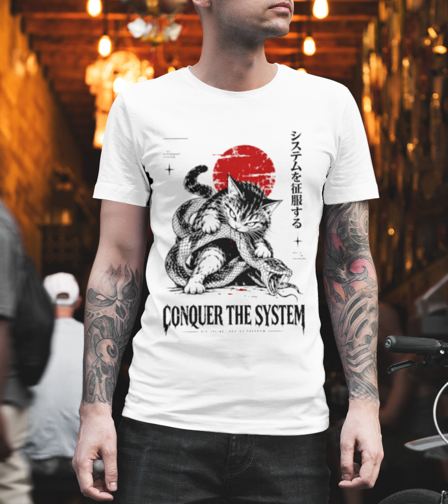 Cat Conquer The System Discipline Creates Freedom Japanese Style Red Sun T-Shirt