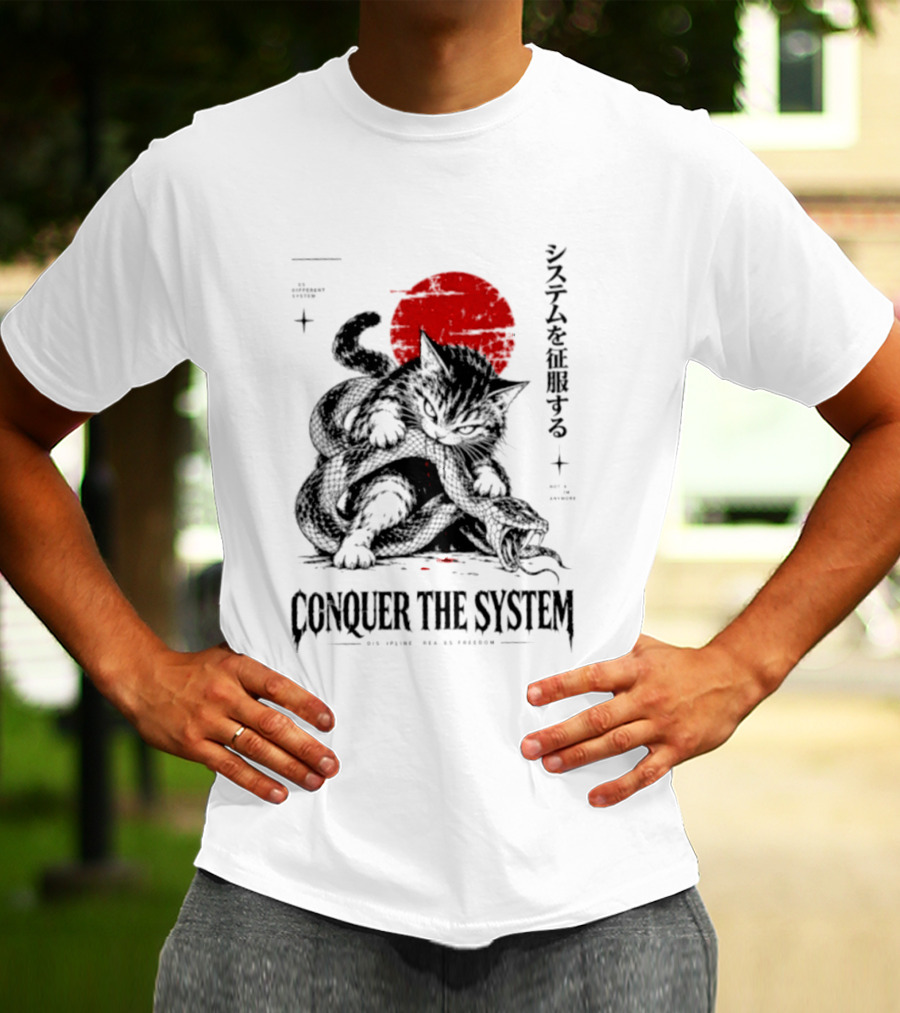 Cat Conquer The System Discipline Creates Freedom Japanese Style Red Sun T-Shirt