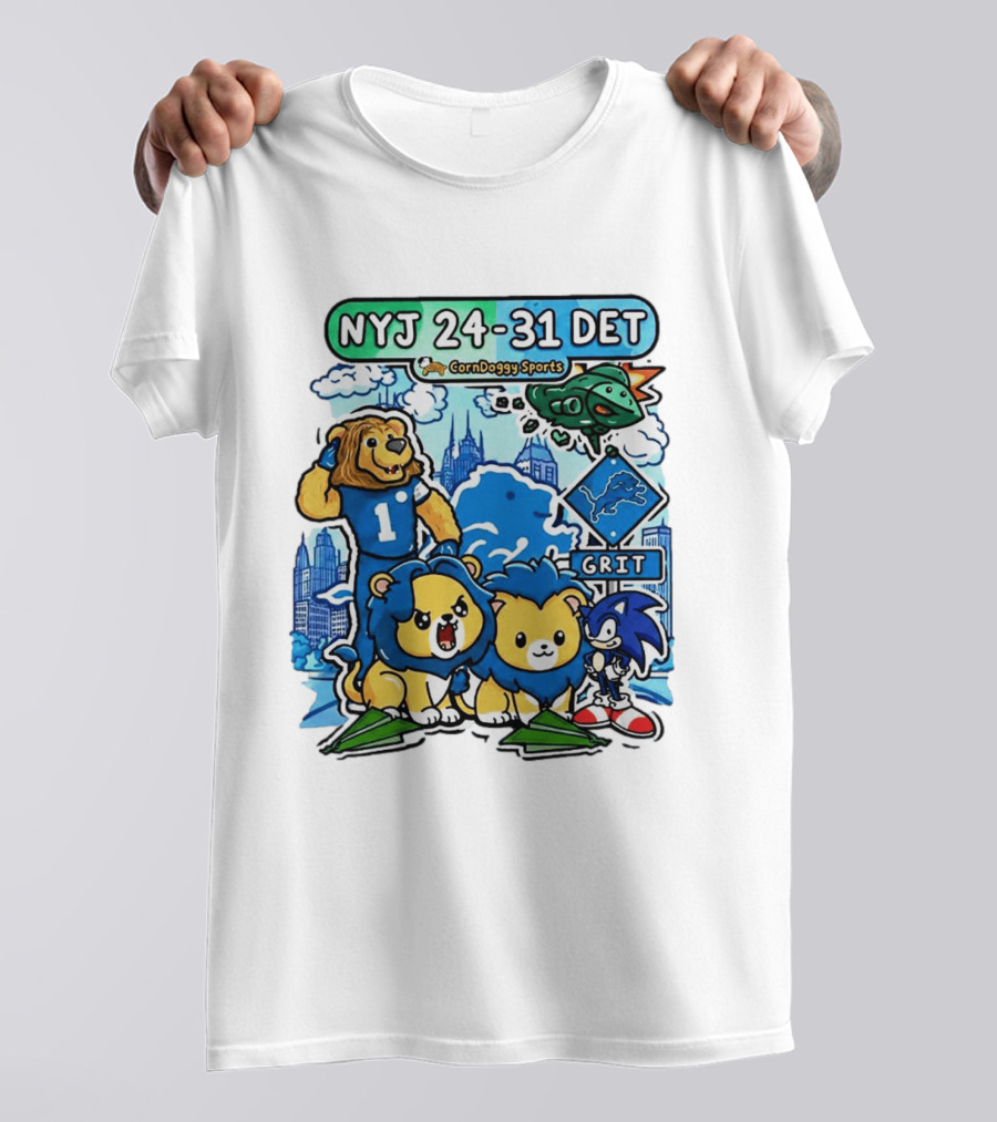 NYJ 24 31 DET Corndoggy Sports Grit Lions Cityscape T-Shirt