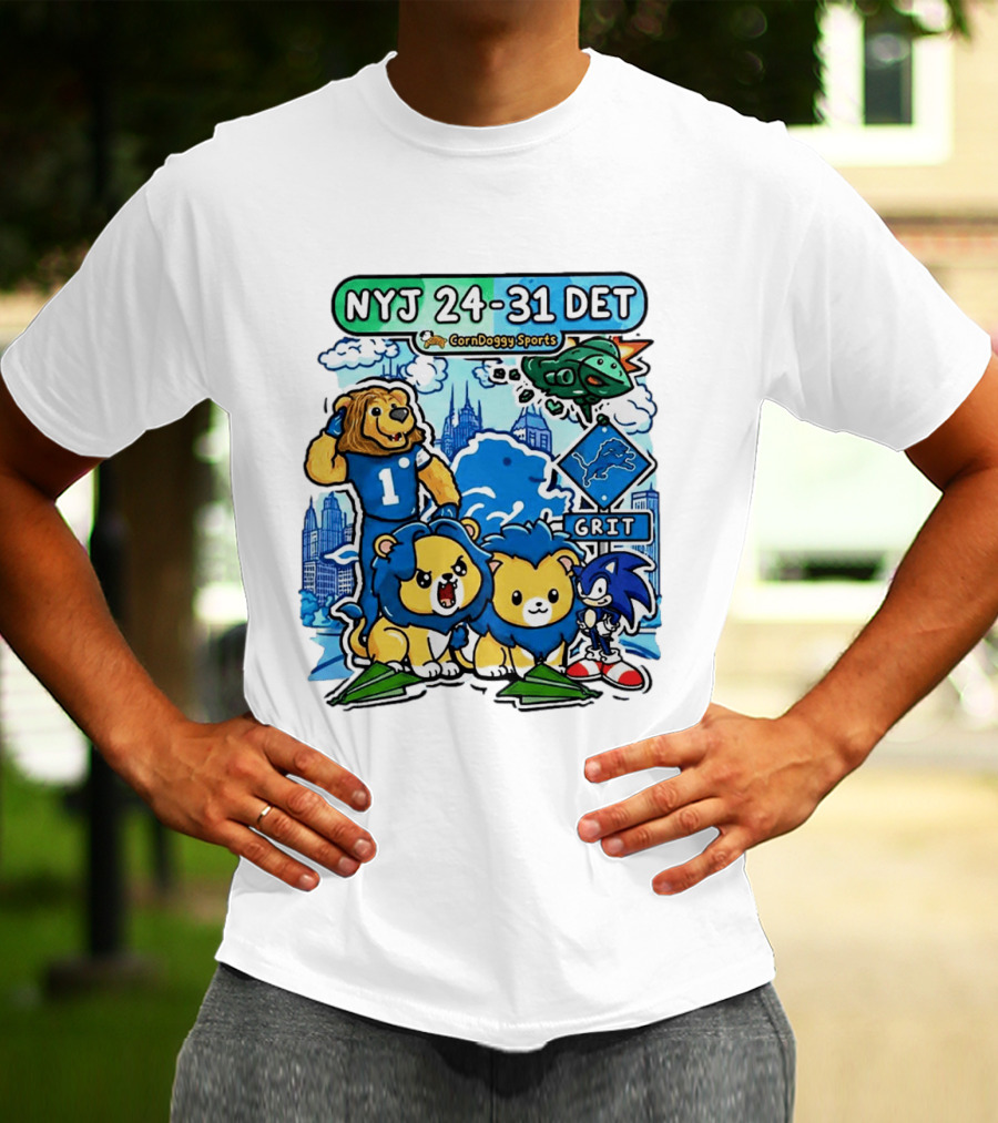 NYJ 24 31 DET Corndoggy Sports Grit Lions Cityscape T-Shirt