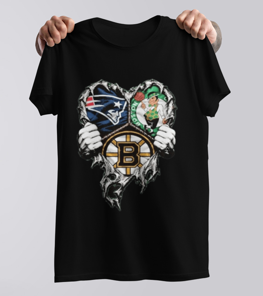 New England Patriots Boston Celtics Boston Bruins Ripped Heart Triple Team Sports T-Shirt