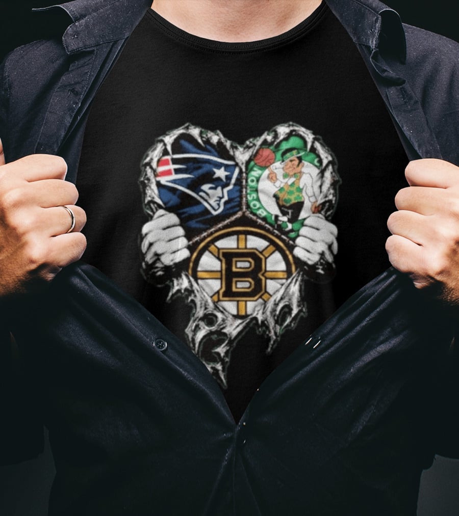 New England Patriots Boston Celtics Boston Bruins Ripped Heart Triple Team Sports T-Shirt