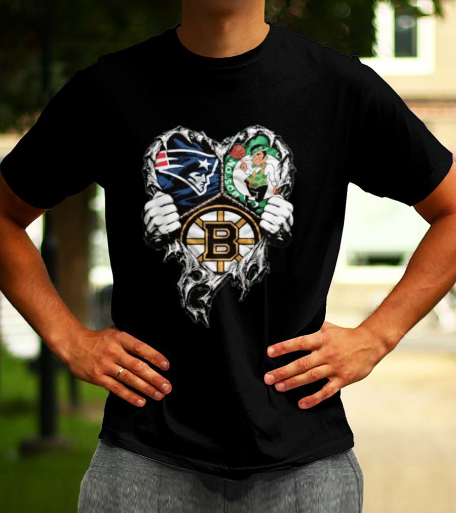 New England Patriots Boston Celtics Boston Bruins Ripped Heart Triple Team Sports T-Shirt