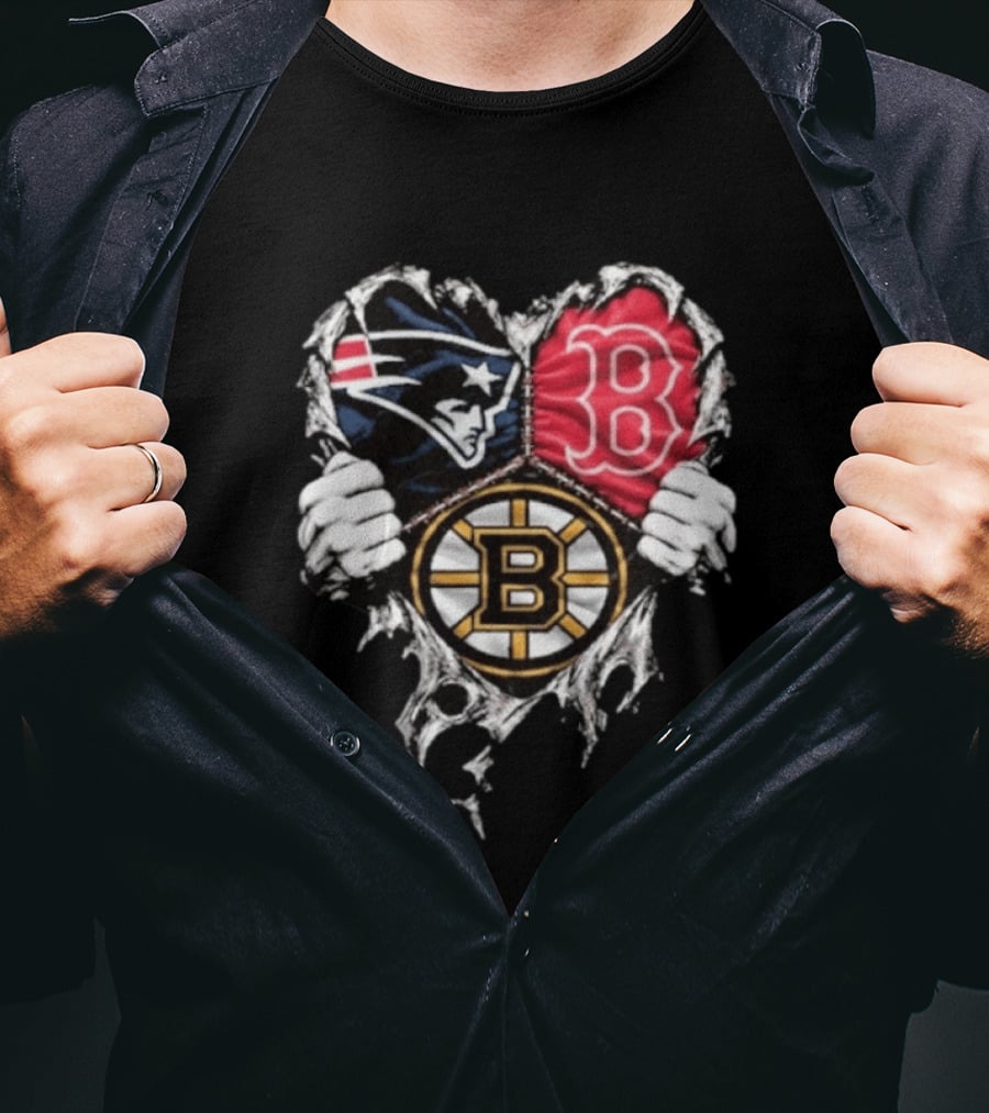 New England Patriots Boston Red Sox Boston Bruins Heart Iconic Trio T-Shirt