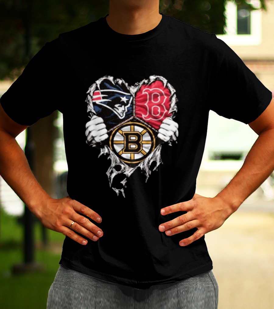 New England Patriots Boston Red Sox Boston Bruins Heart Iconic Trio T-Shirt
