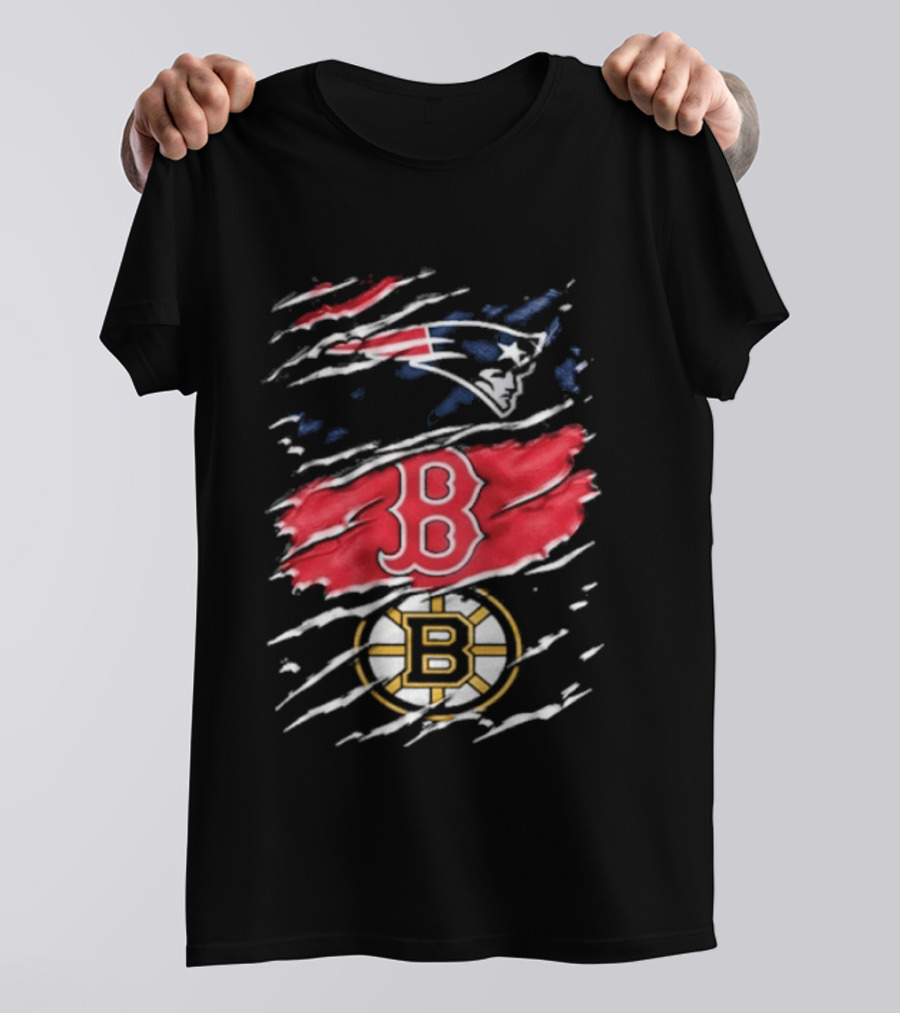New England Patriots Boston Red Sox Boston Bruins Ripped Distressed Triple Team Sports T-Shirt