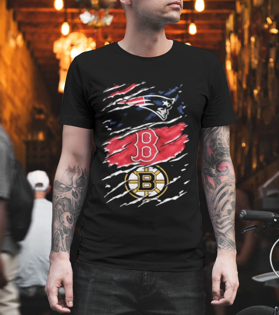 New England Patriots Boston Red Sox Boston Bruins Ripped Distressed Triple Team Sports T-Shirt