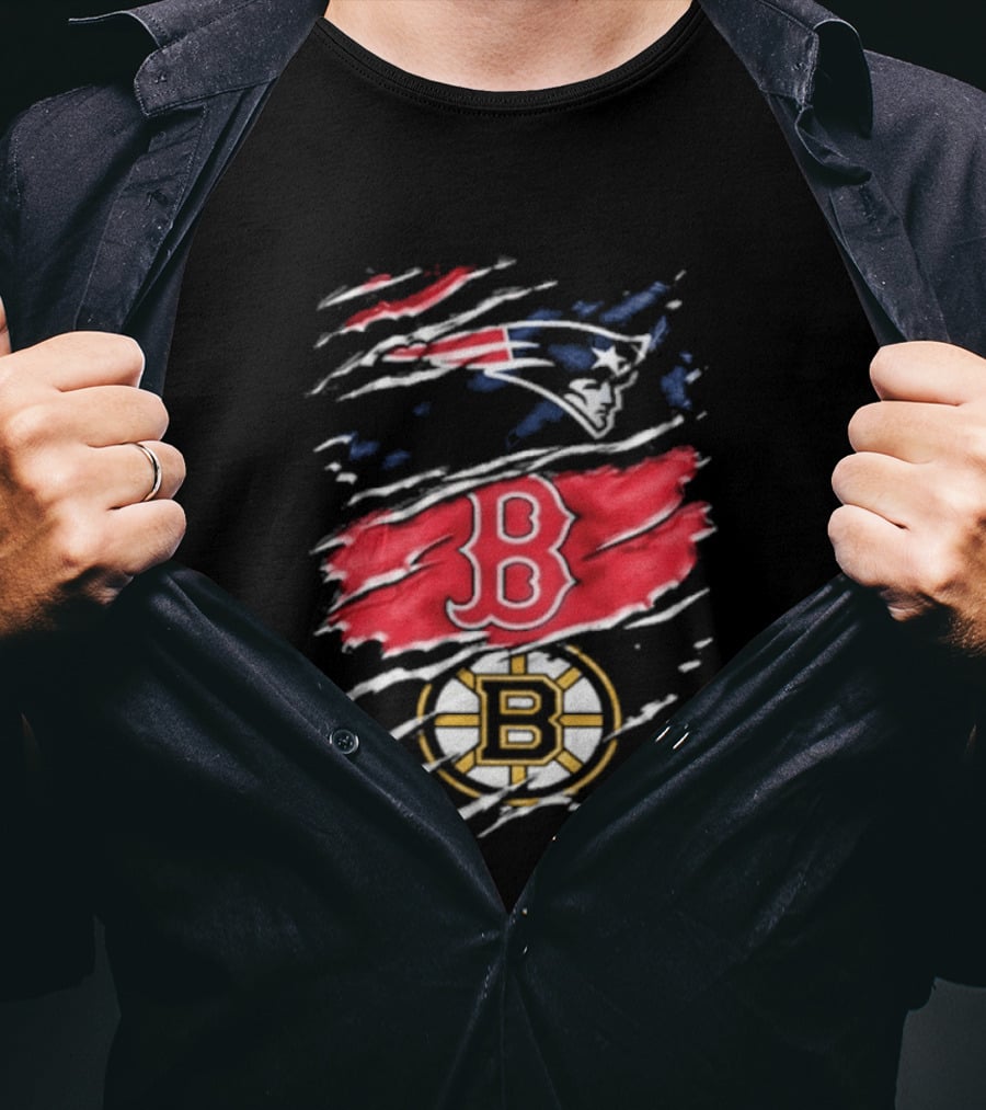 New England Patriots Boston Red Sox Boston Bruins Ripped Distressed Triple Team Sports T-Shirt