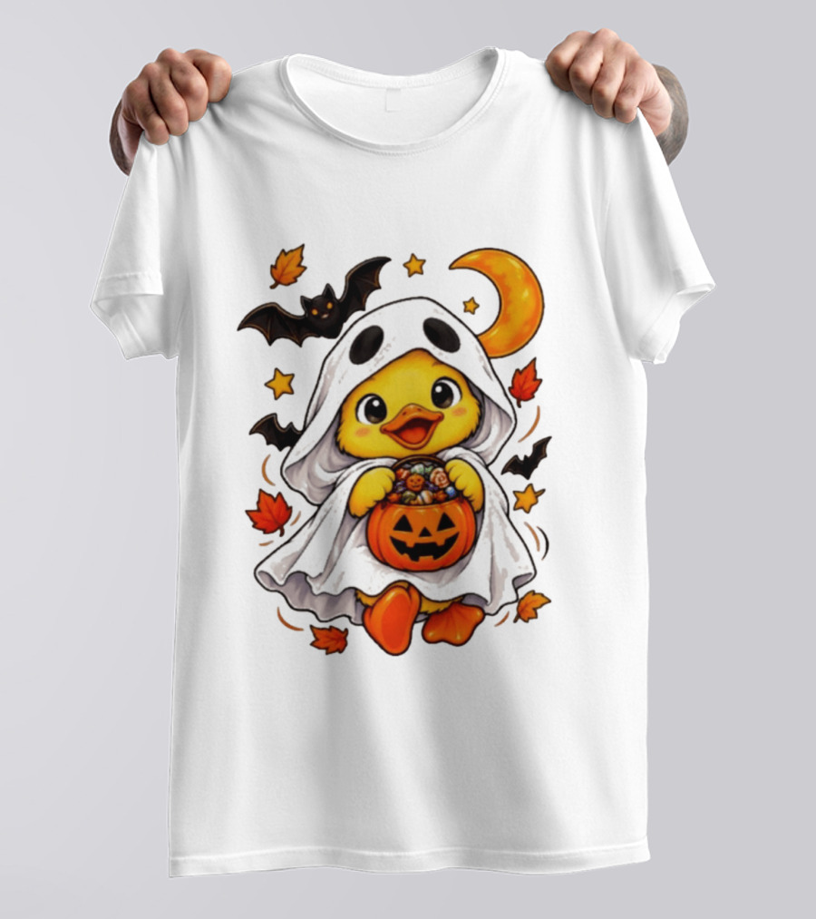 Ghost Ducking With Halloween Pumpkin Candy Bucket Bat Moon And Stars T-Shirt