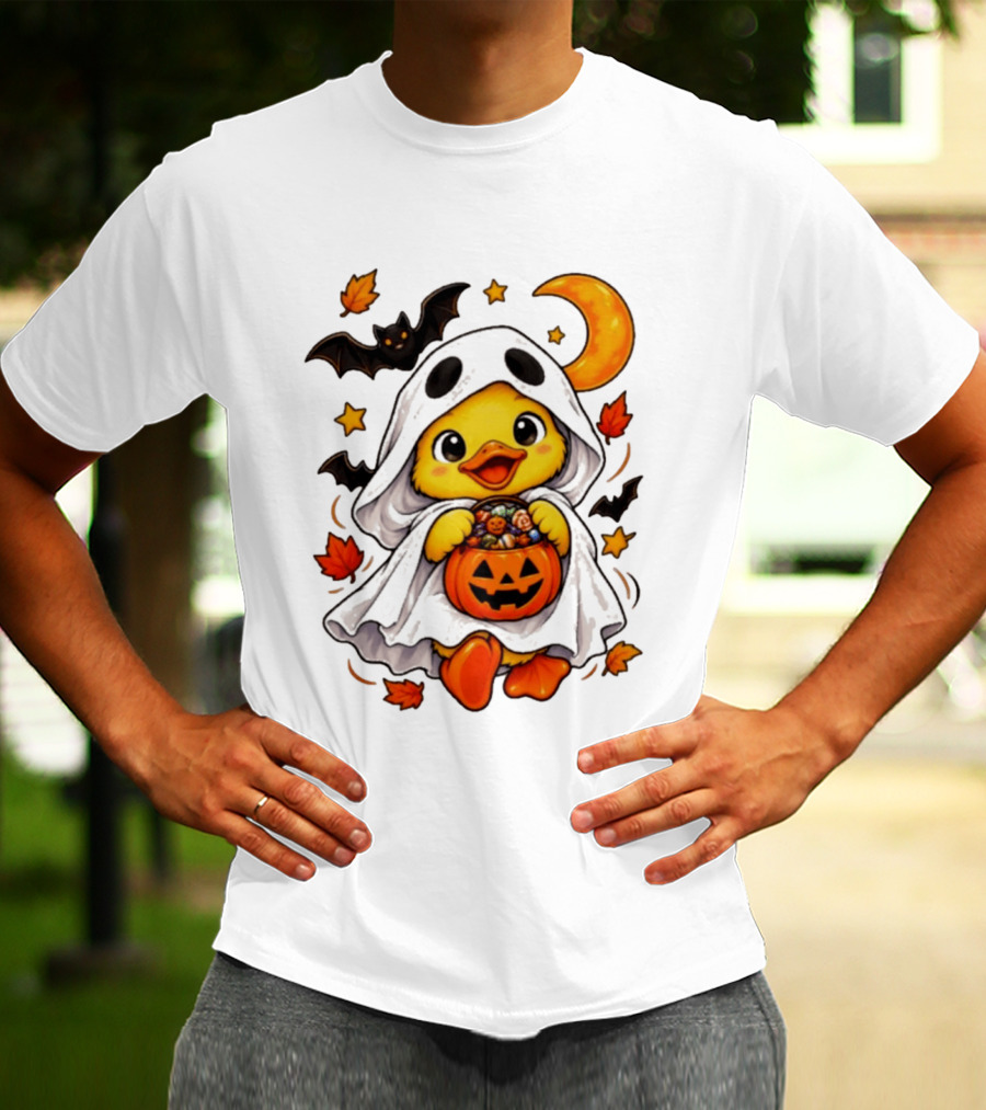 Ghost Ducking With Halloween Pumpkin Candy Bucket Bat Moon And Stars T-Shirt
