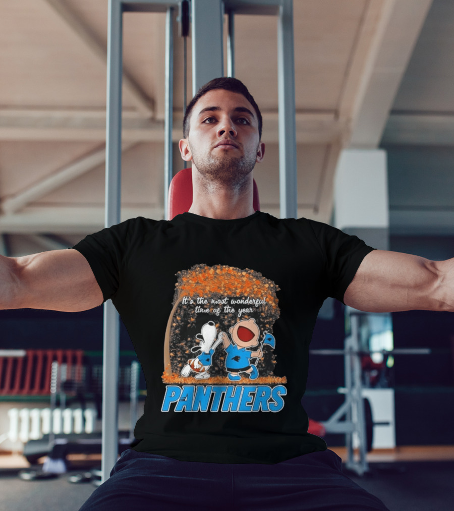 Carolina Panthers Snoopy Charlie Brown Dancing It's The Most Wonderful Time Of The Year 2026 T-Shirt