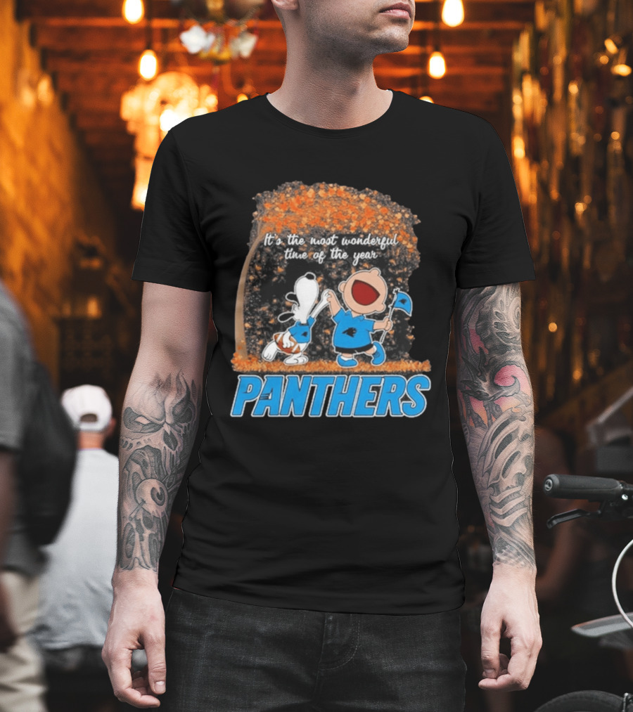 Carolina Panthers Snoopy Charlie Brown Dancing It's The Most Wonderful Time Of The Year 2026 T-Shirt