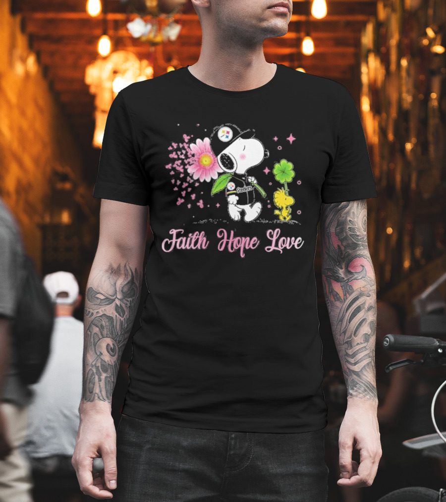 Pittsburgh Steelers Snoopy Woodstock 2026 Faith Hope Love Breast Cancer Awareness T-Shirt