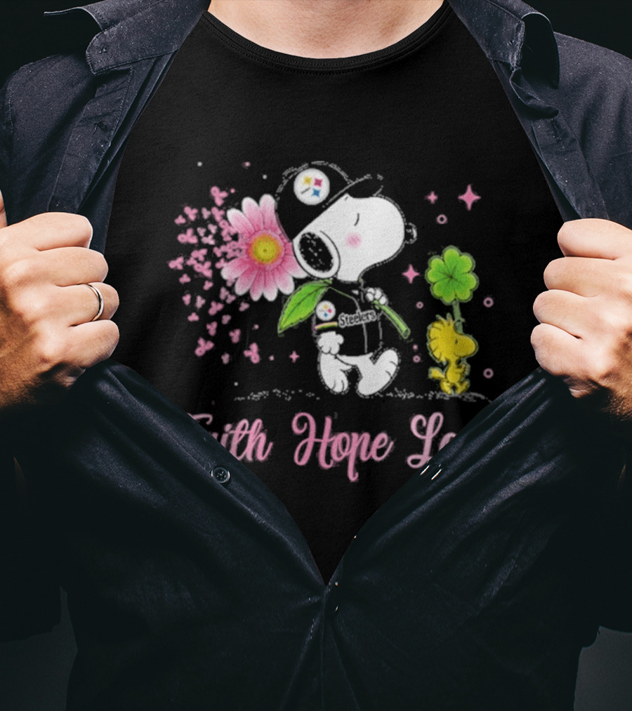 Pittsburgh Steelers Snoopy Woodstock 2026 Faith Hope Love Breast Cancer Awareness T-Shirt
