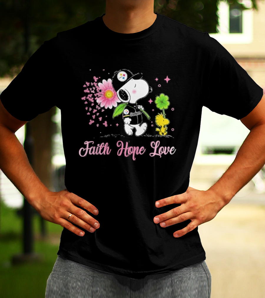 Pittsburgh Steelers Snoopy Woodstock 2026 Faith Hope Love Breast Cancer Awareness T-Shirt
