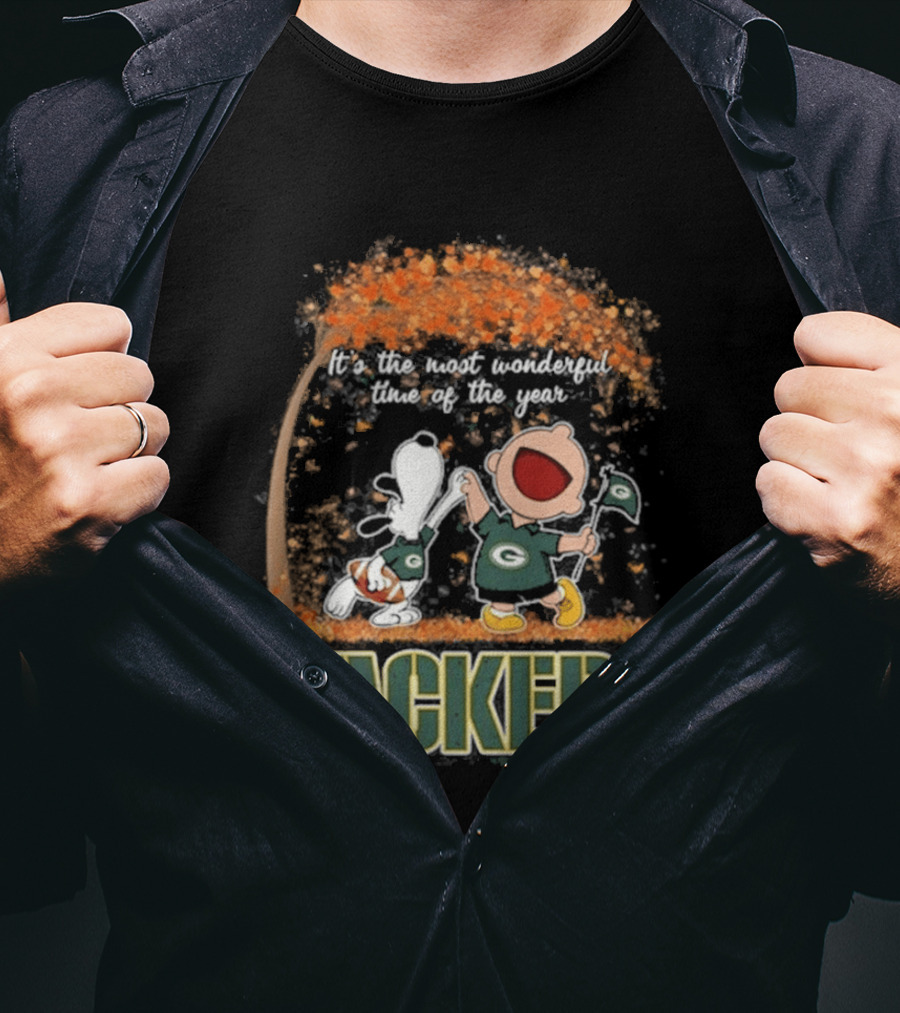 Green Bay Packers Snoopy Charlie Brown Dancing Autumn Leaves 2026 Most Wonderful Time T-Shirt