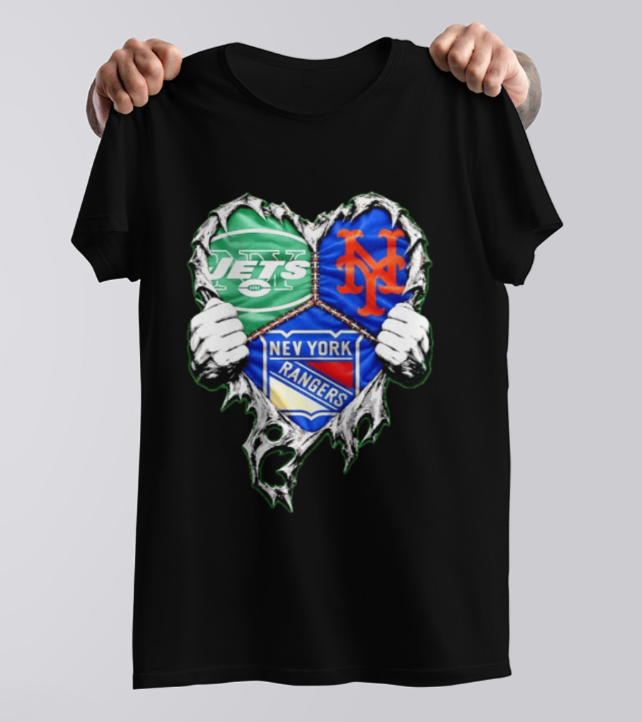 New York Jets Mets Rangers Heart Mashup Scratch T-Shirt