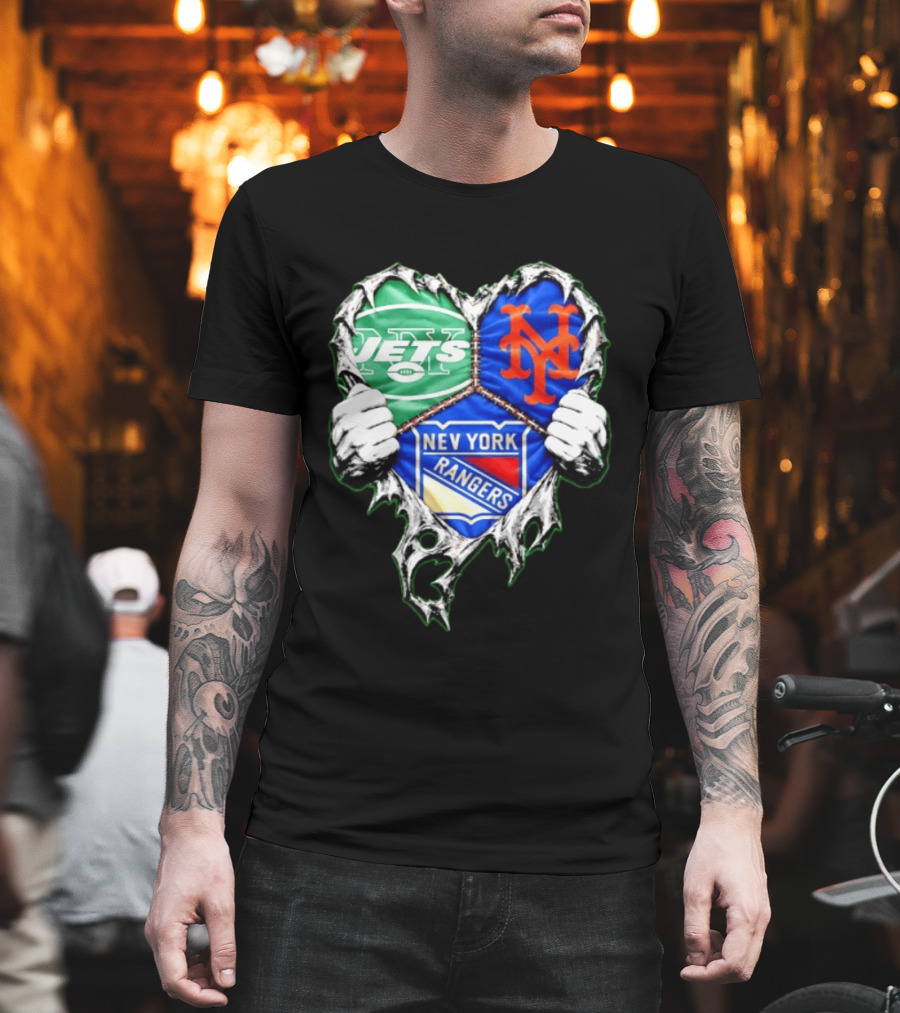 New York Jets Mets Rangers Heart Mashup Scratch T-Shirt