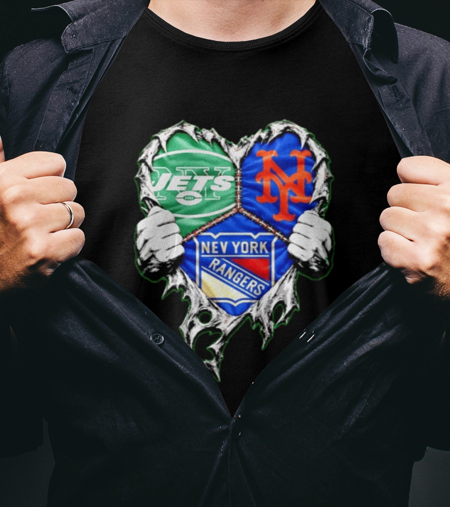 New York Jets Mets Rangers Heart Mashup Scratch T-Shirt