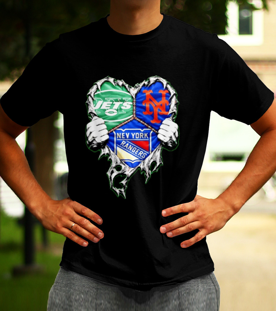 New York Jets Mets Rangers Heart Mashup Scratch T-Shirt