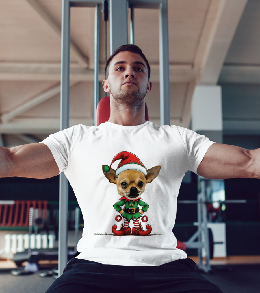 Chihuahua Elf Christmas 2026 Humor Meme Festive Dog In Santa Hat And Green Elf Outfit T-Shirt