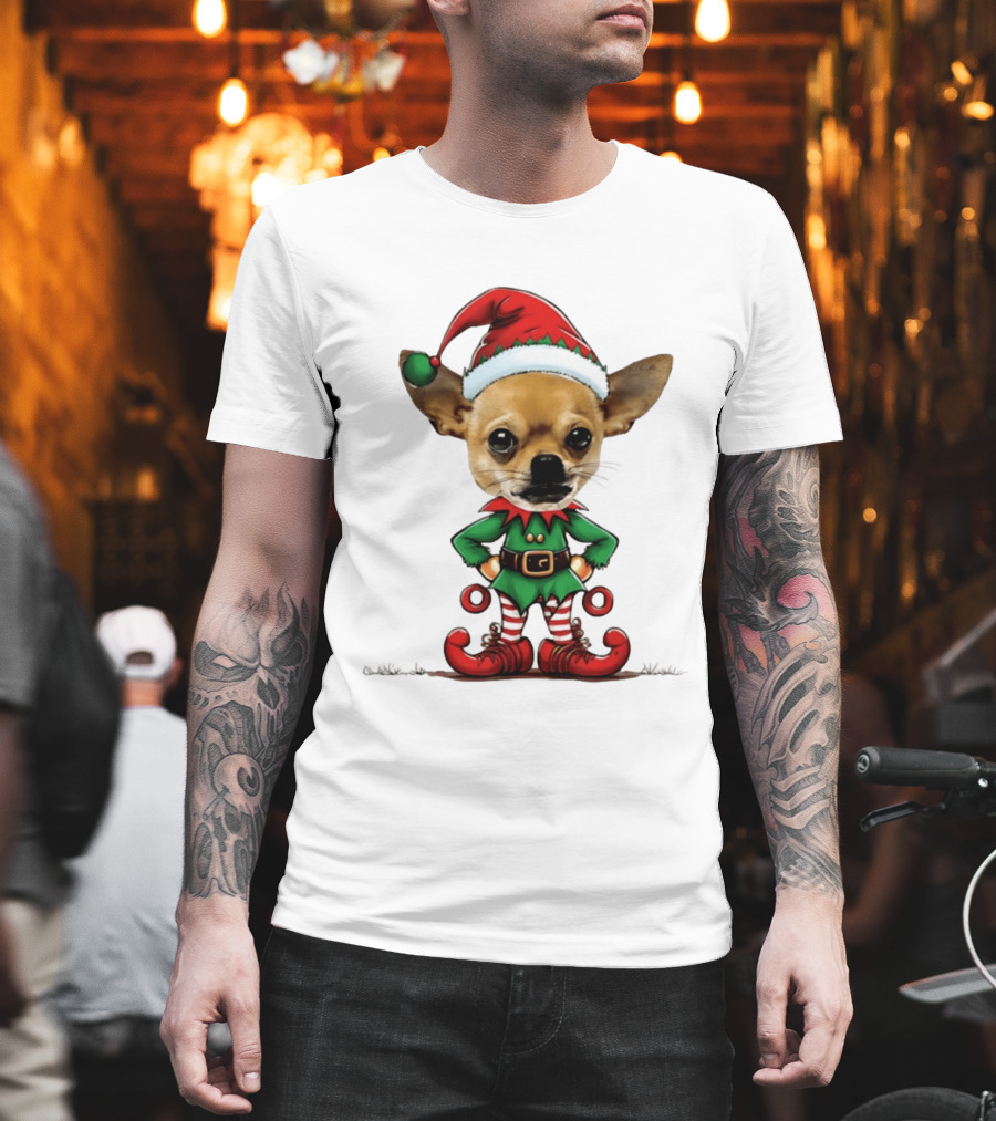 Chihuahua Elf Christmas 2026 Humor Meme Festive Dog In Santa Hat And Green Elf Outfit T-Shirt