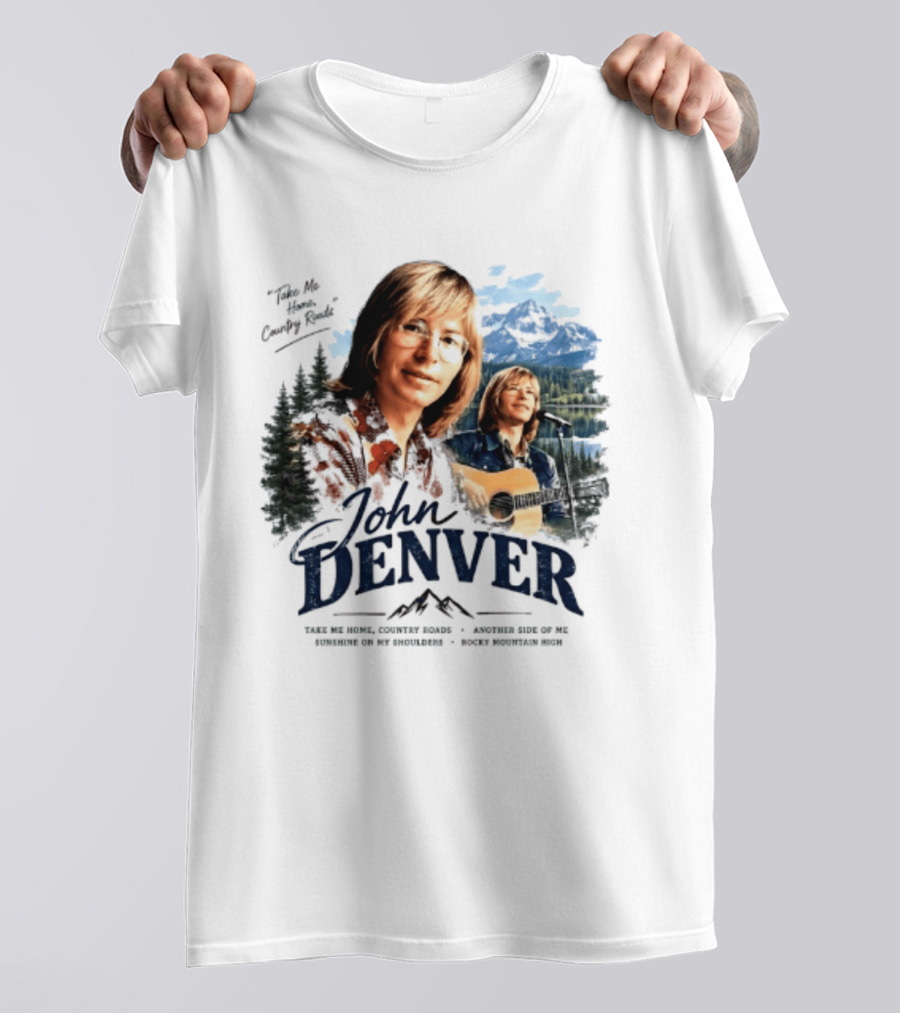 John Denver Take Me Home Country Roads Lyrics Mountains Forest Guitar Scene T-Shirt