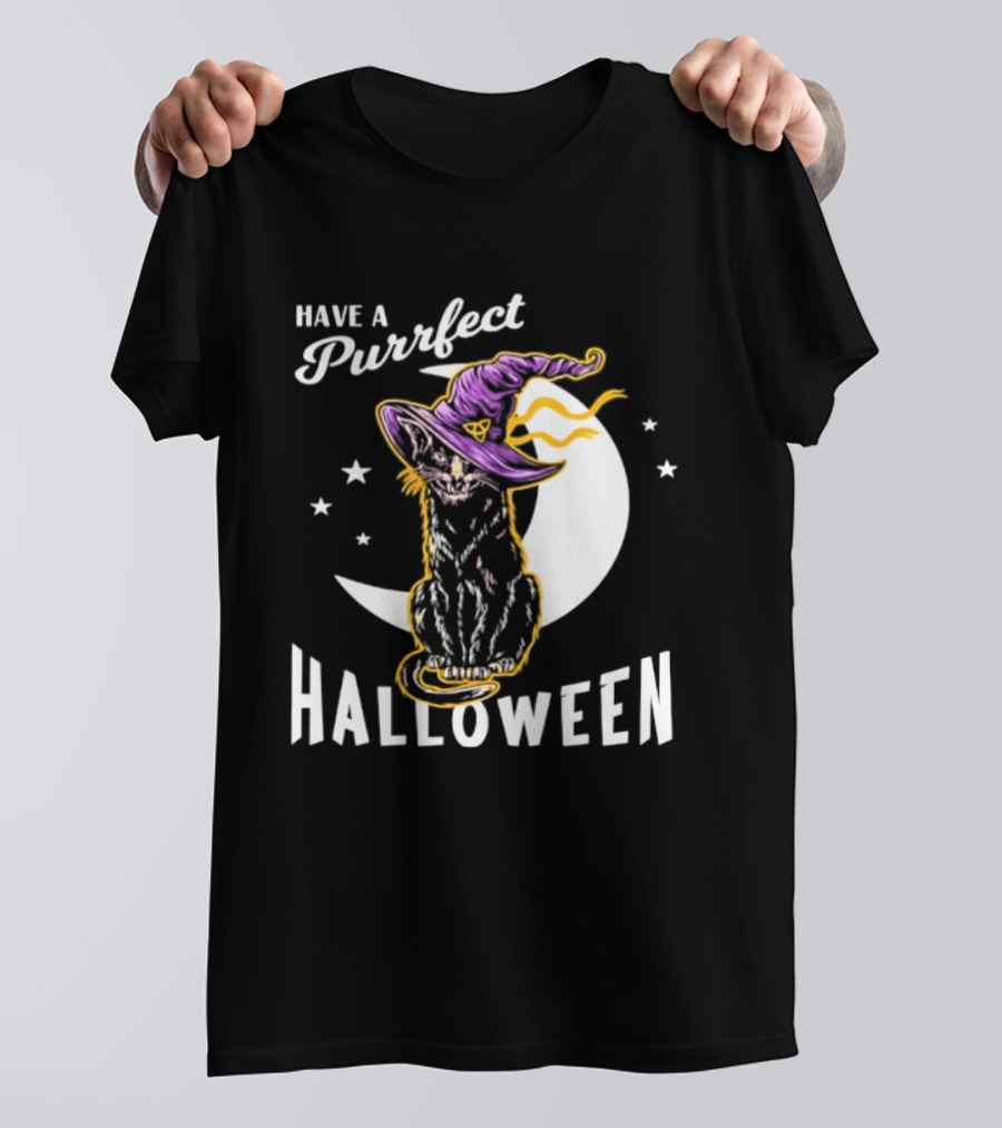 Have A Purrfect Halloween Black Cat And Moon With Witch Hat T-Shirt
