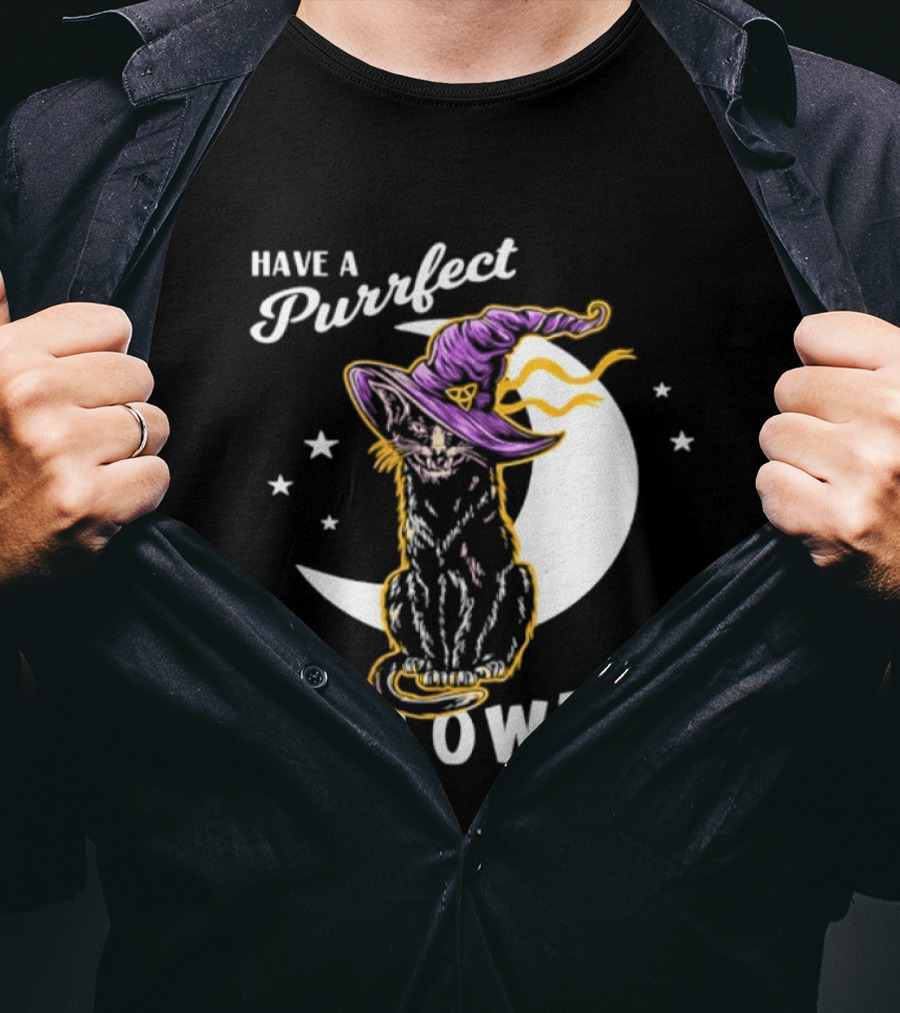 Have A Purrfect Halloween Black Cat And Moon With Witch Hat T-Shirt