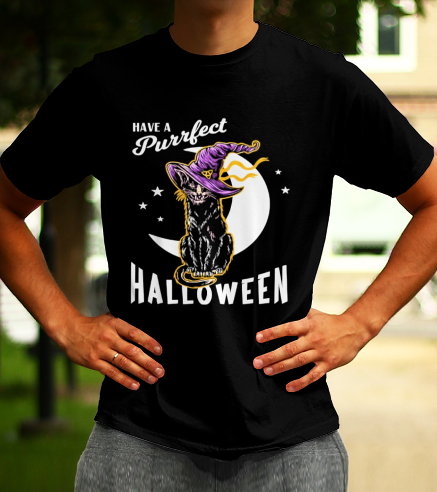 Have A Purrfect Halloween Black Cat And Moon With Witch Hat T-Shirt