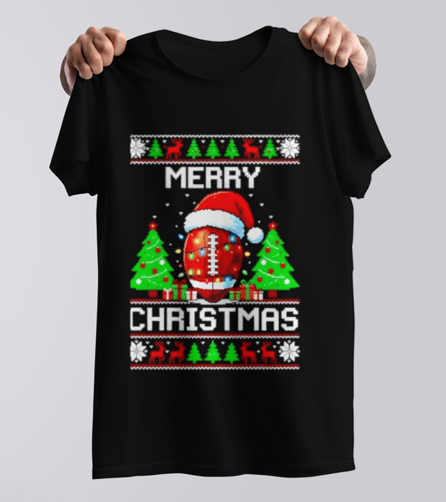 Merry Christmas Football Santa Hat Lights Festive Trees T-Shirt