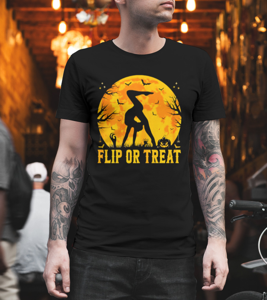 Flip Or Treat Halloween Gymnastics Moon Silhouette Spooky Pumpkin T-Shirt